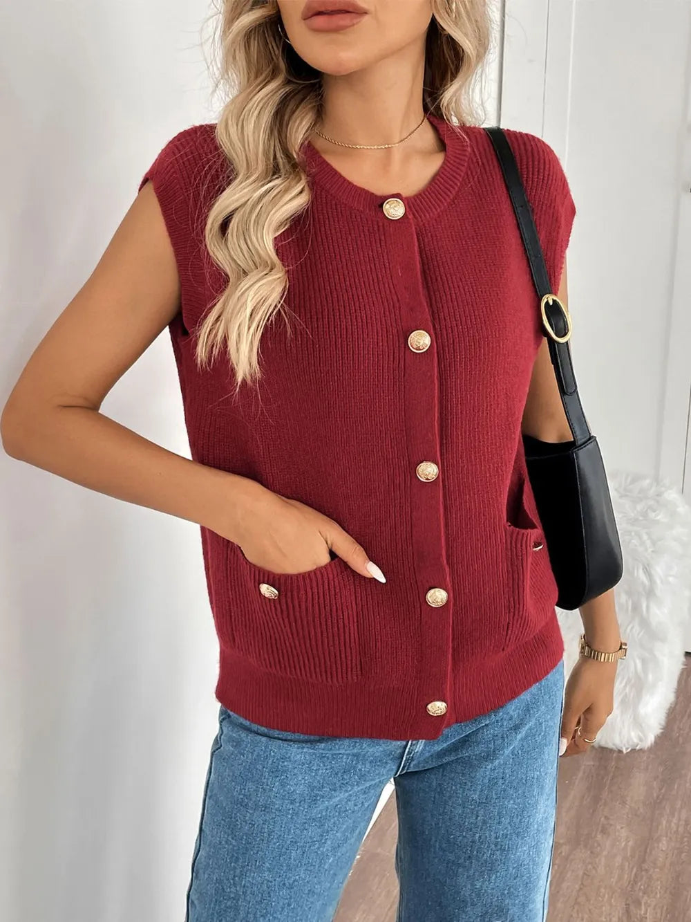Perfee Rust / S Perfee Pocketed Round Neck Cap Sleeve Cardigan