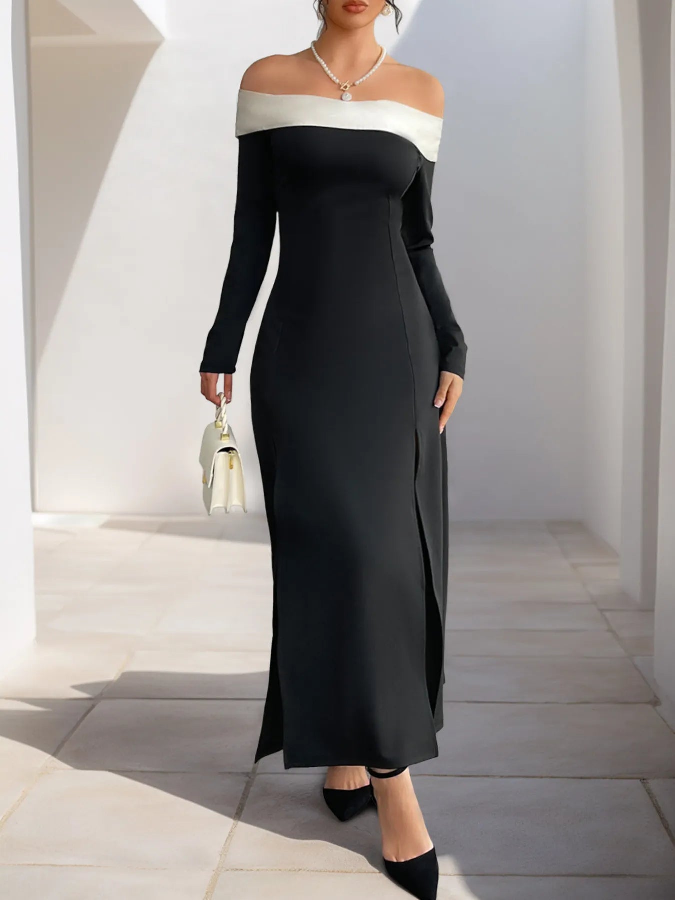 Perfee Side Slit Off-Shoulder Maxi Dress