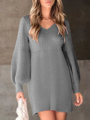 Perfee Sweater Dresses Gray / S Texture V-Neck Lantern Sleeve Sweater Dress