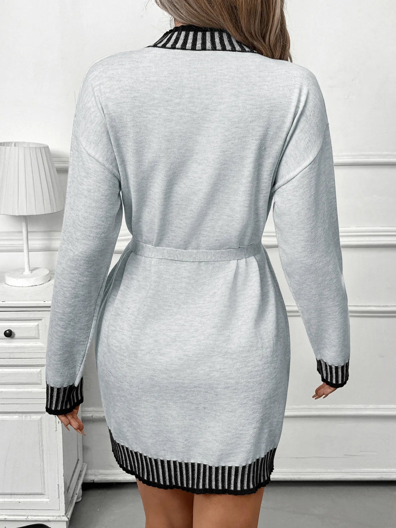 Perfee Sweater Dresses Striped Trim Tie Waist Sweater Dress