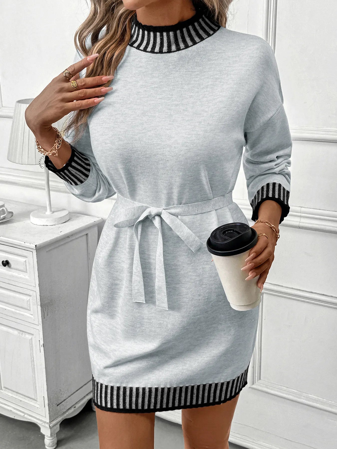 Perfee Sweater Dresses Striped Trim Tie Waist Sweater Dress