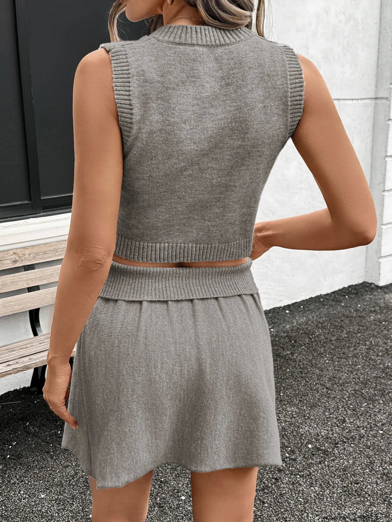 Perfee V-Neck Vest and Skirt Knit Set
