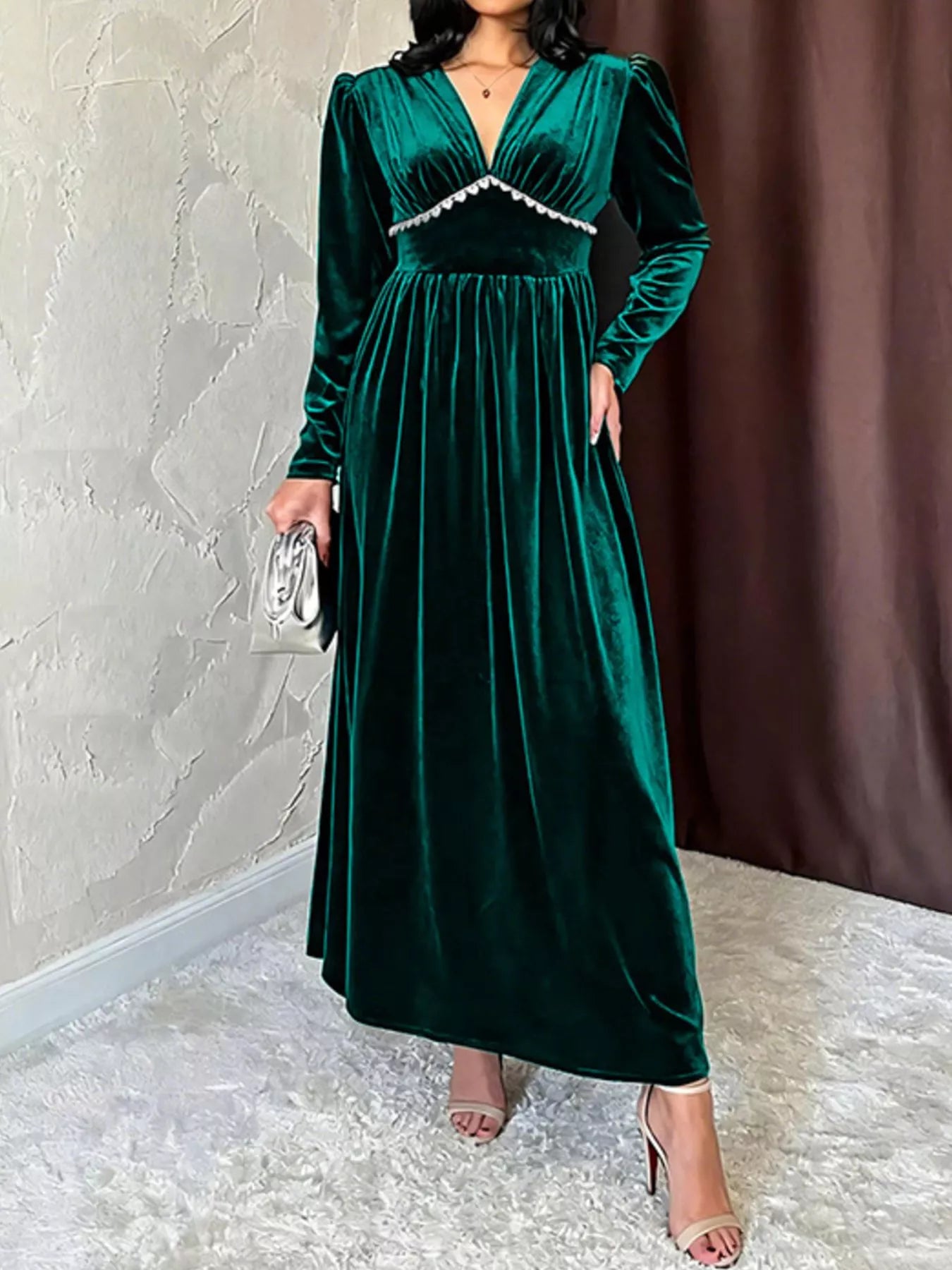 Perfee Velvet V-Neck Long Sleeve Maxi Dress