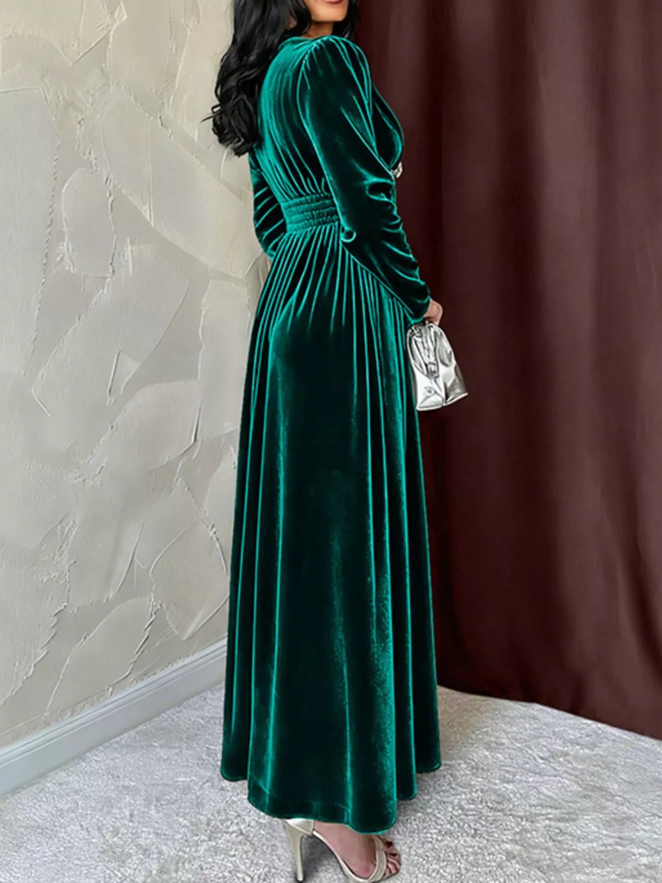 Perfee Velvet V-Neck Long Sleeve Maxi Dress