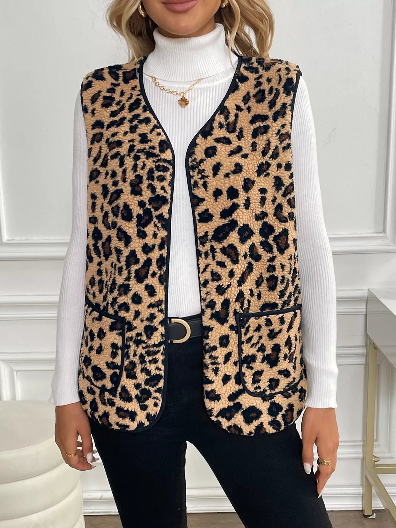 Perfee Vests Coffee Brown / S Leopard Fleece Vest Coat with Pockets