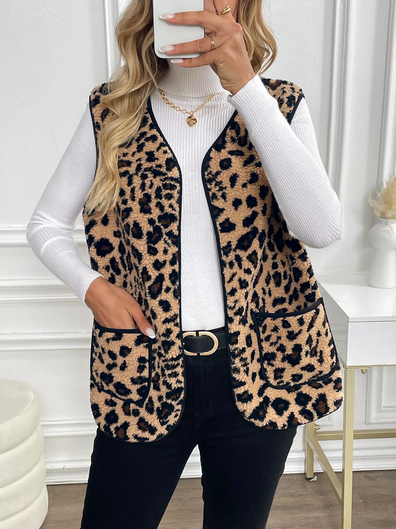 Perfee Vests Leopard Fleece Vest Coat with Pockets