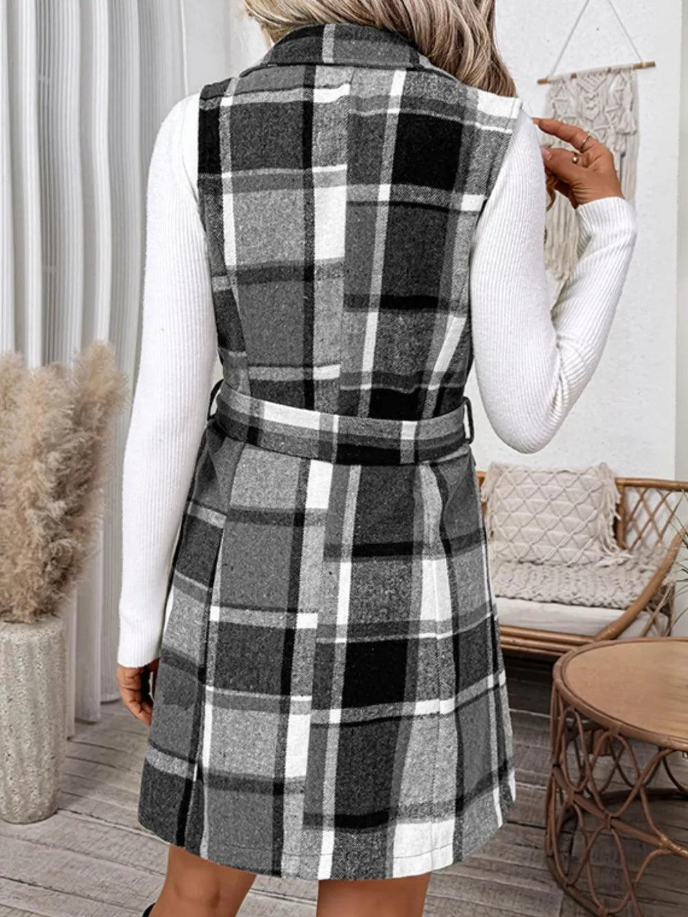 Perfee Vests Perfee Tied Plaid Vest Coat
