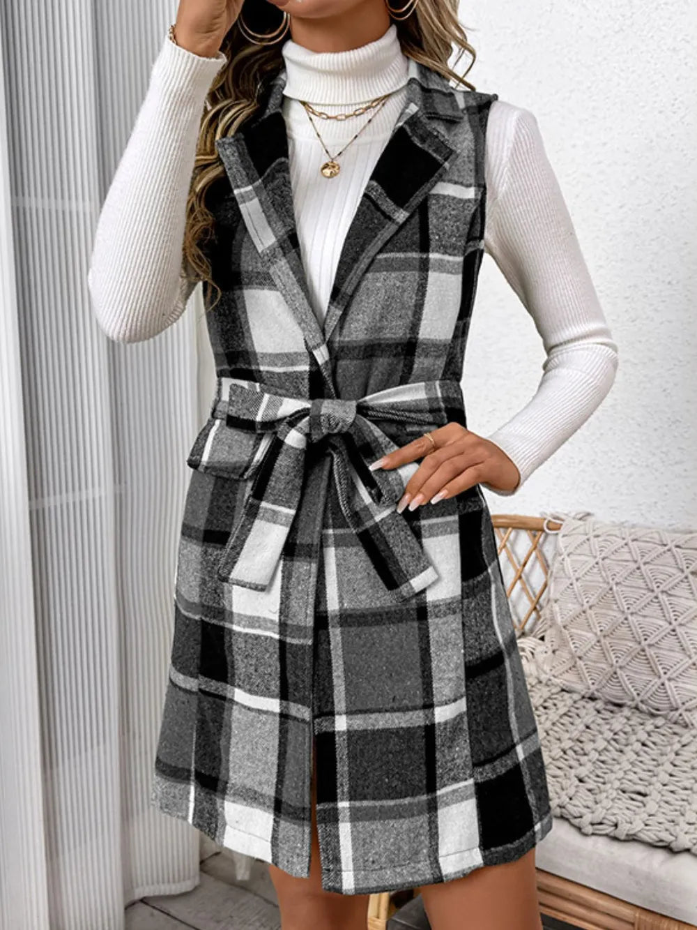 Perfee Vests Perfee Tied Plaid Vest Coat
