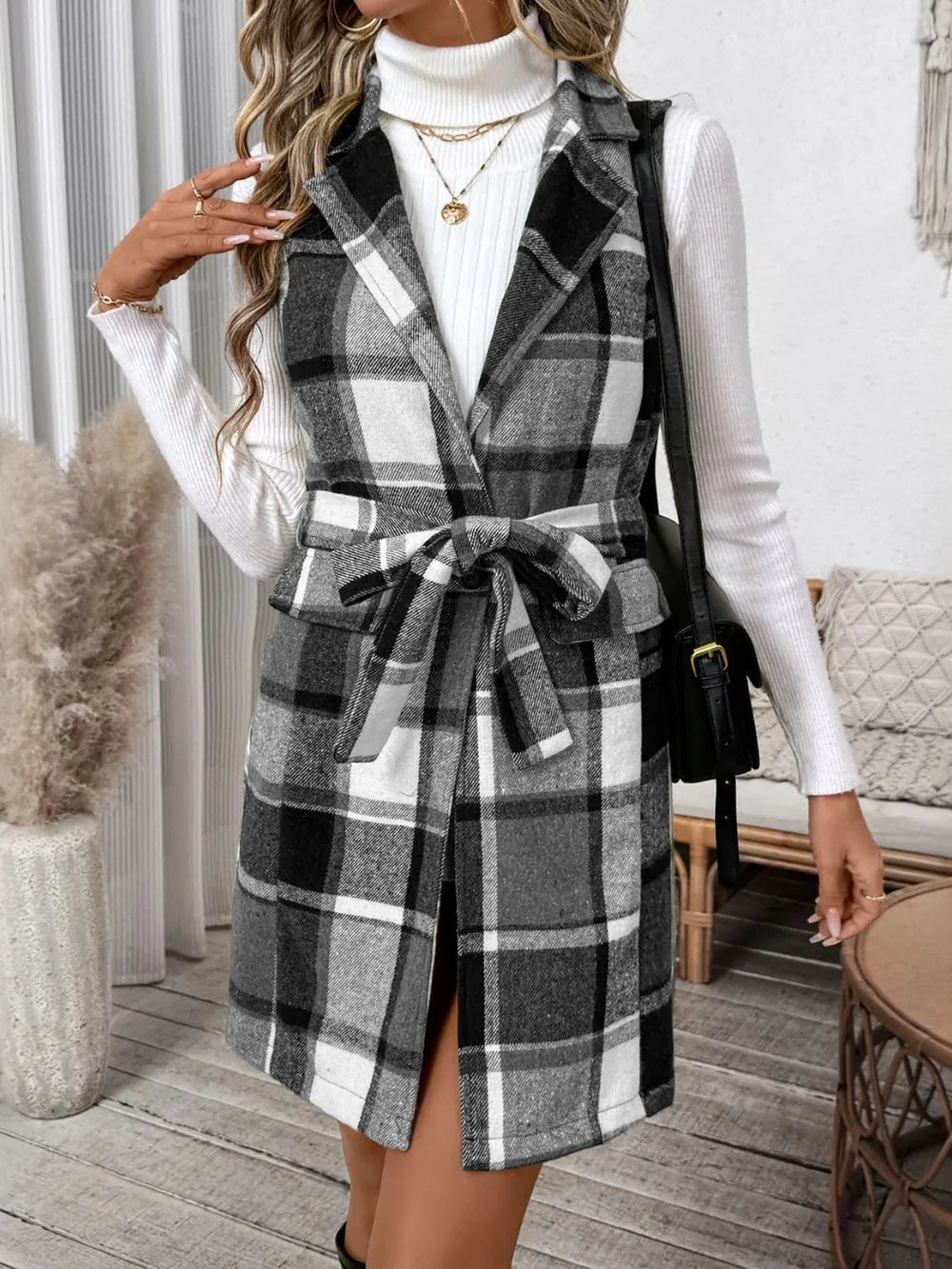 Perfee Vests Perfee Tied Plaid Vest Coat