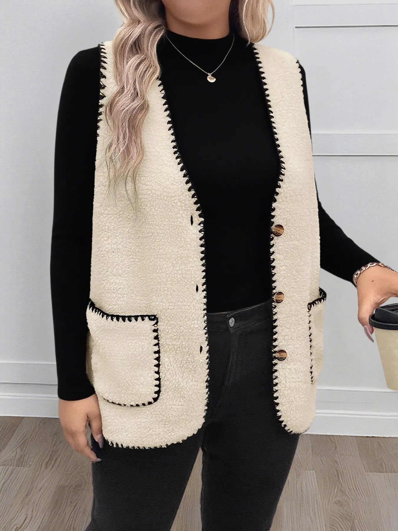 Perfee Vests Plus Size Contrast Trim Button Up Vest Coat