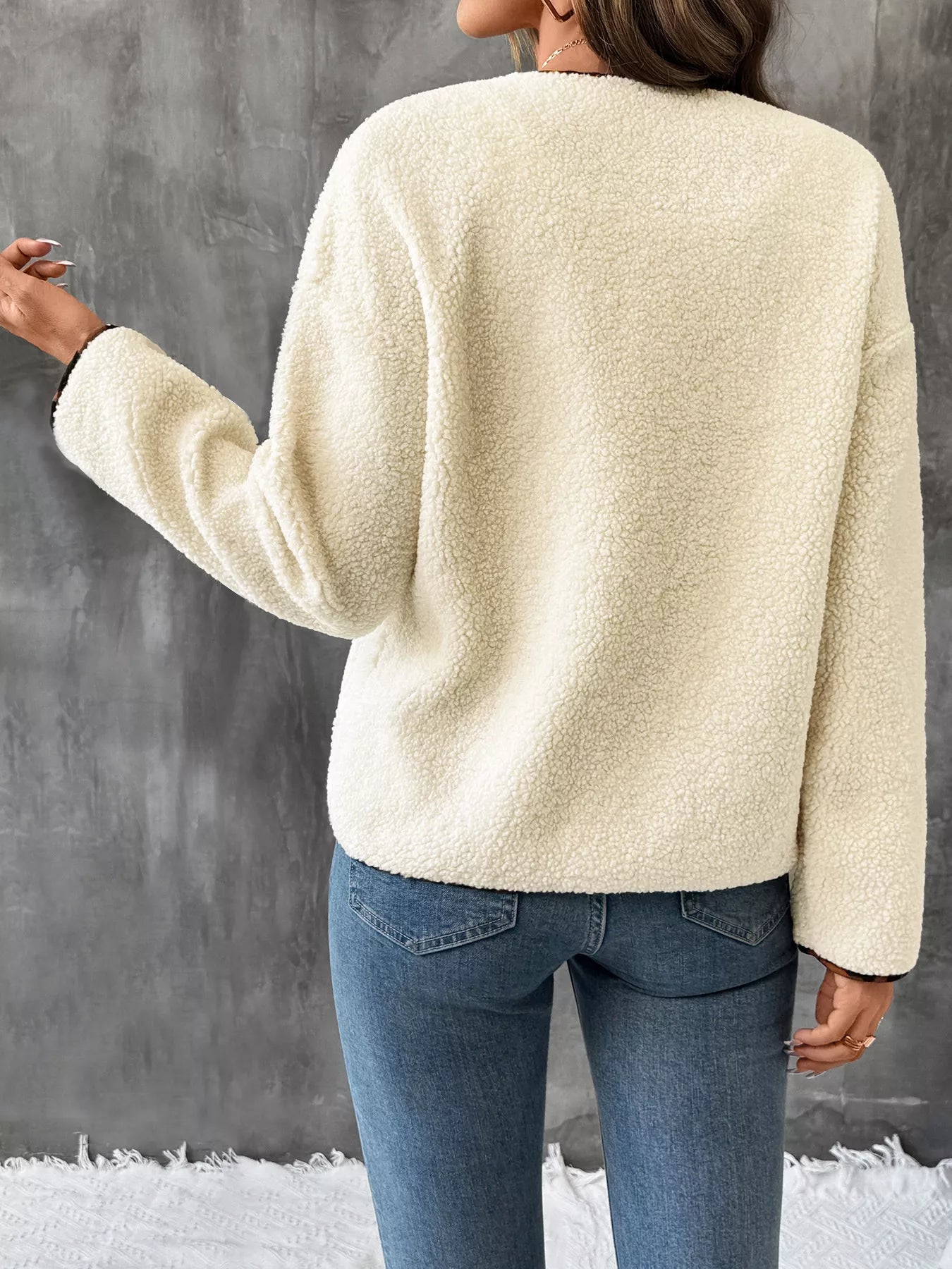 Perfee Women’s Button Up Jacket with Leopard Trim Detail