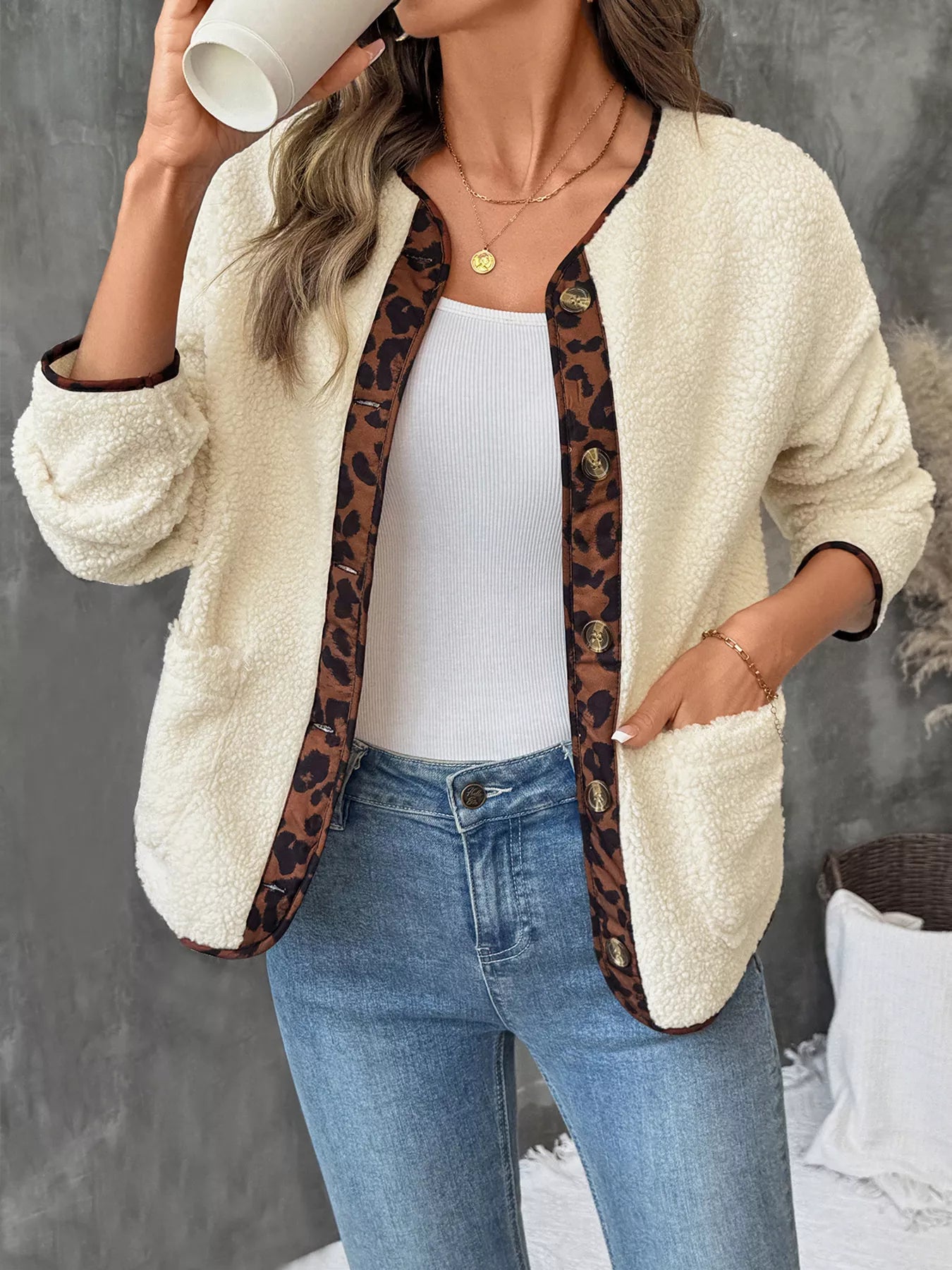 Perfee Women’s Button Up Jacket with Leopard Trim Detail
