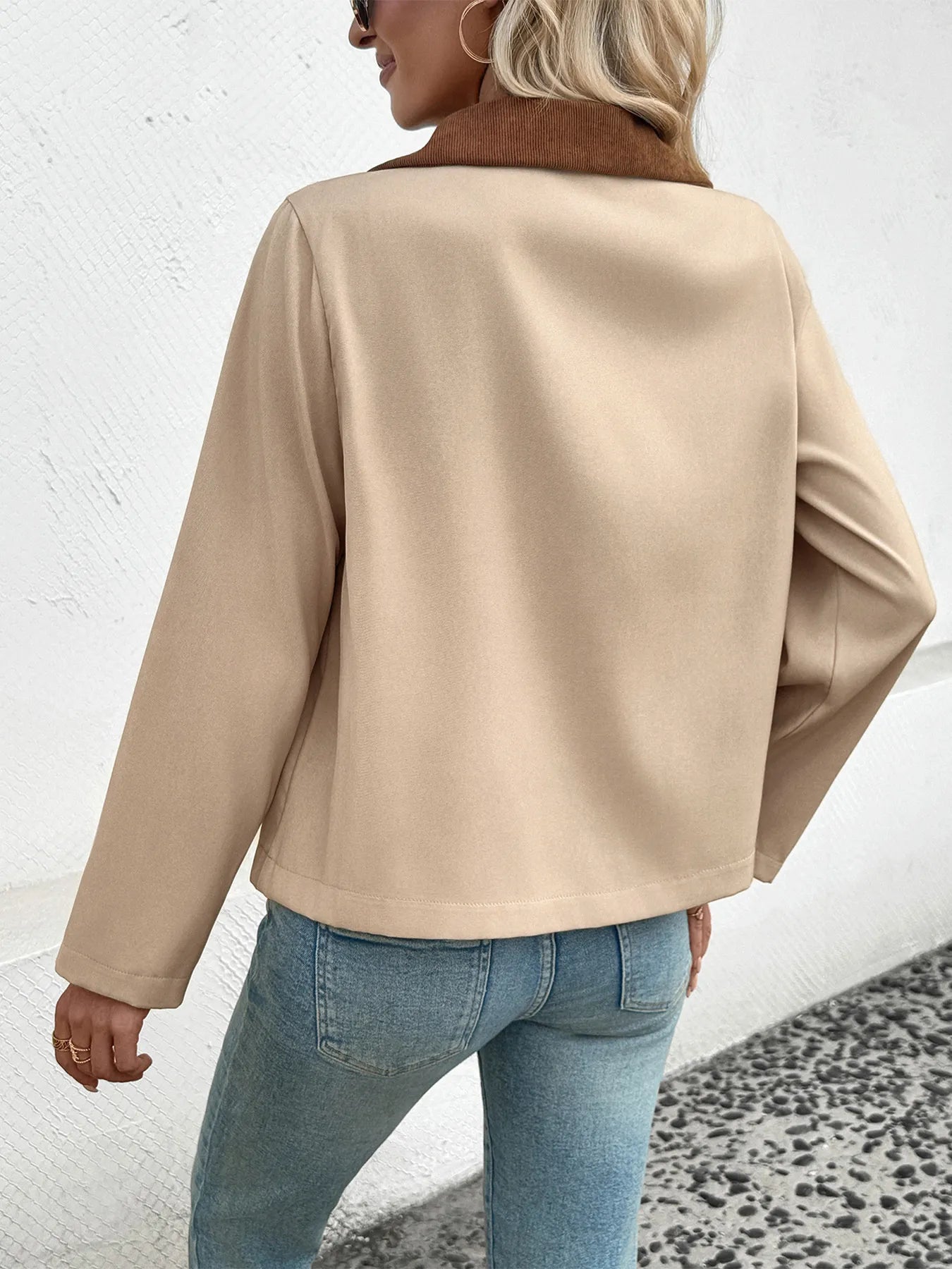 Perfee Zip-Up Long Sleeve Jacket with Buttons and Pockets