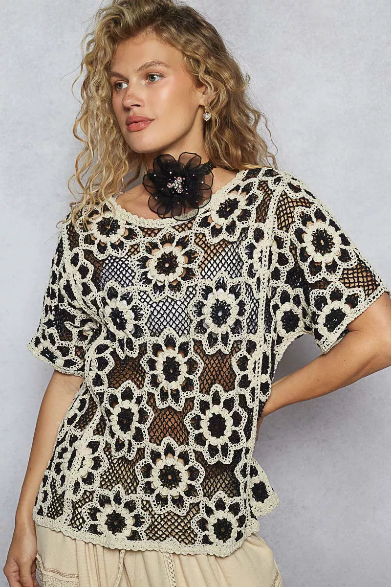 POL BLACK/BEIGE / One Size POL Openwork Short Sleeve Crochet Knit Top with Weave Knit Patterns