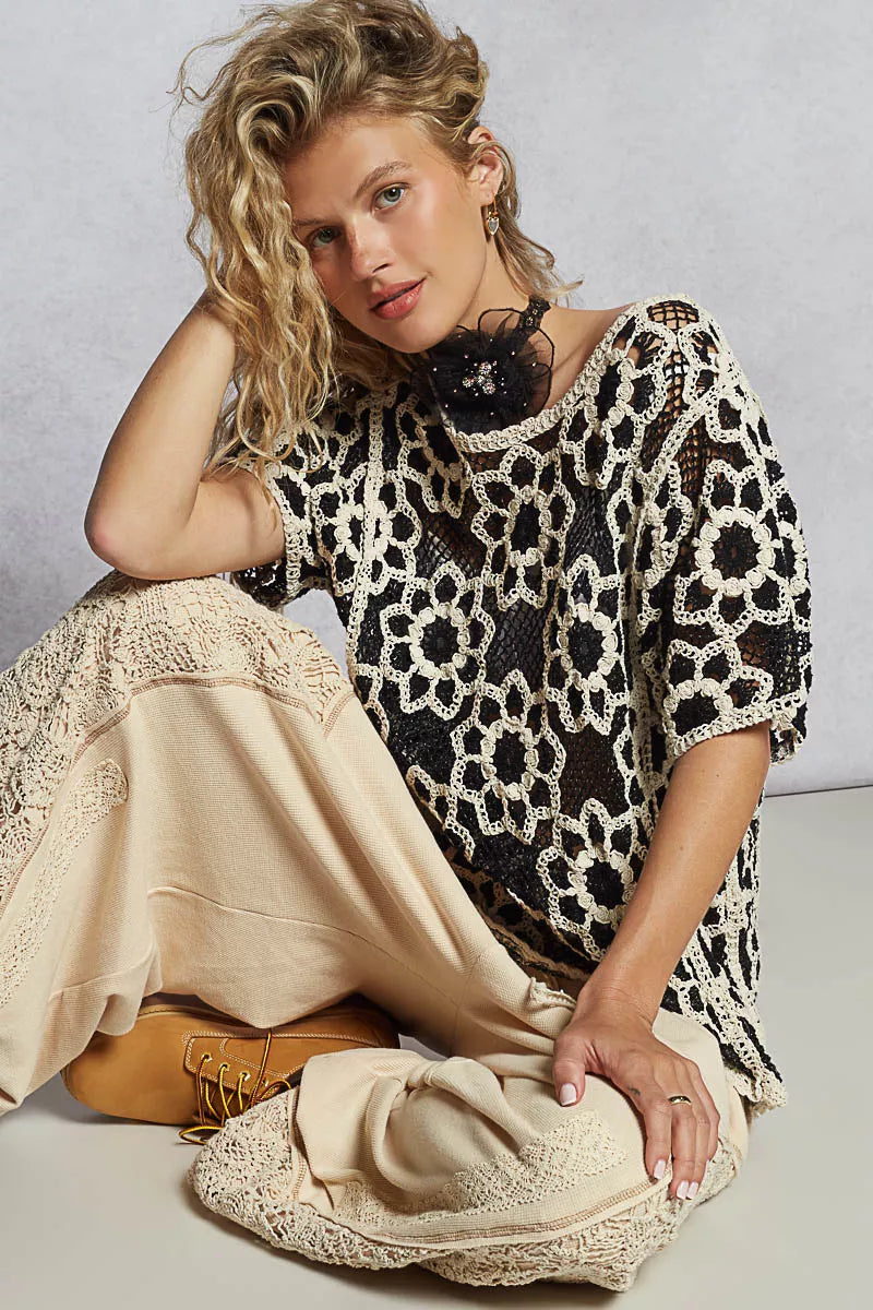 POL BLACK/BEIGE / One Size POL Openwork Short Sleeve Crochet Knit Top with Weave Knit Patterns