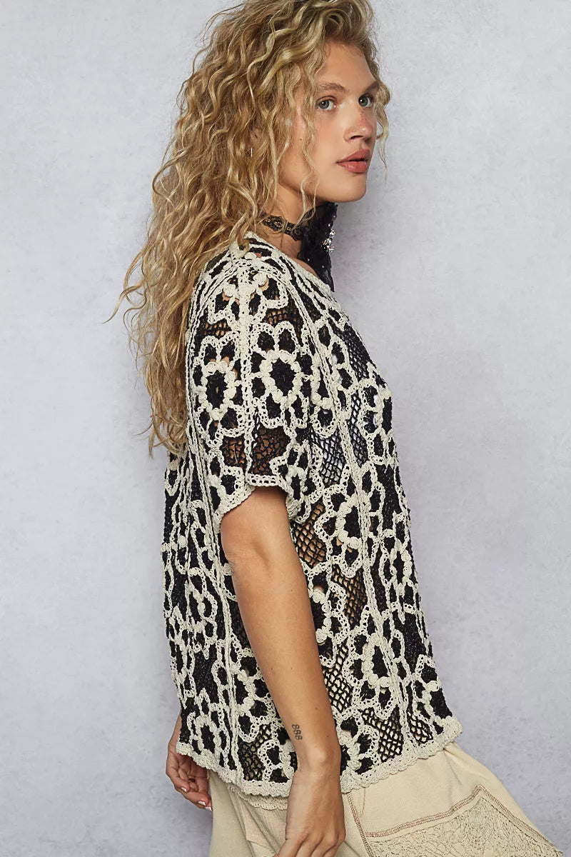 POL BLACK/BEIGE / One Size POL Openwork Short Sleeve Crochet Knit Top with Weave Knit Patterns