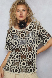 POL BLACK/BEIGE / One Size POL Openwork Short Sleeve Crochet Knit Top with Weave Knit Patterns