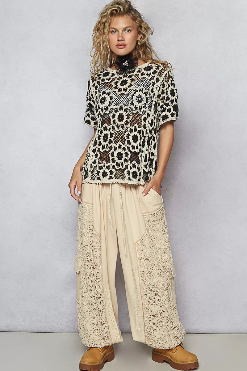 POL BLACK/BEIGE / One Size POL Openwork Short Sleeve Crochet Knit Top with Weave Knit Patterns