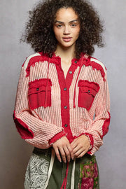 POL BLUSH RED MULTI / S POL Texture Woven Button Down Hooded Shirt with Drawstring Hem