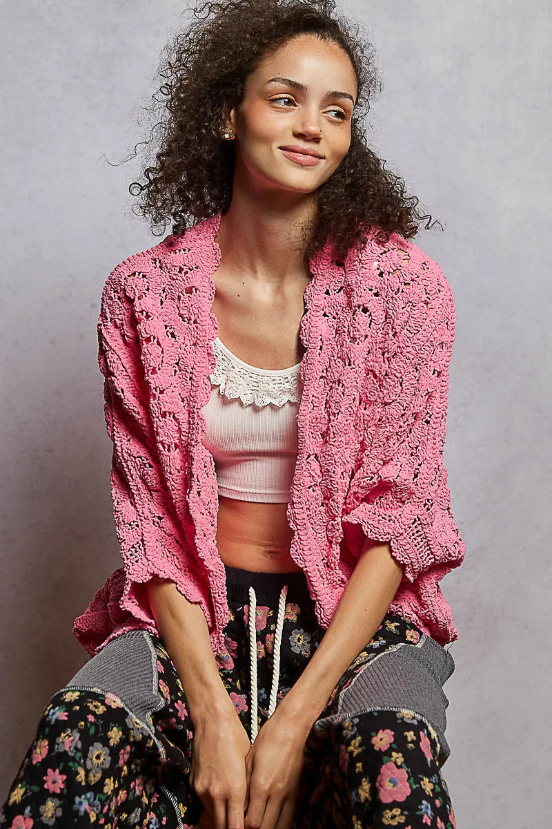 POL BUBBLEGUM PINK / One Size POL Floral Pattern Open Front Cardigan