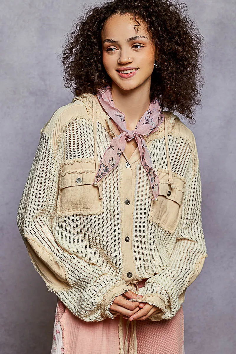 POL CREAM MULTI / S POL Texture Woven Button Down Hooded Shirt with Drawstring Hem