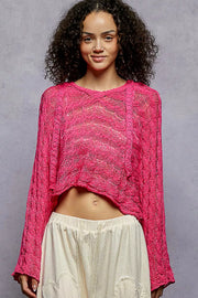 POL HOT PINK / S POL Cropped Hooded Knit Top with Full Sleeves
