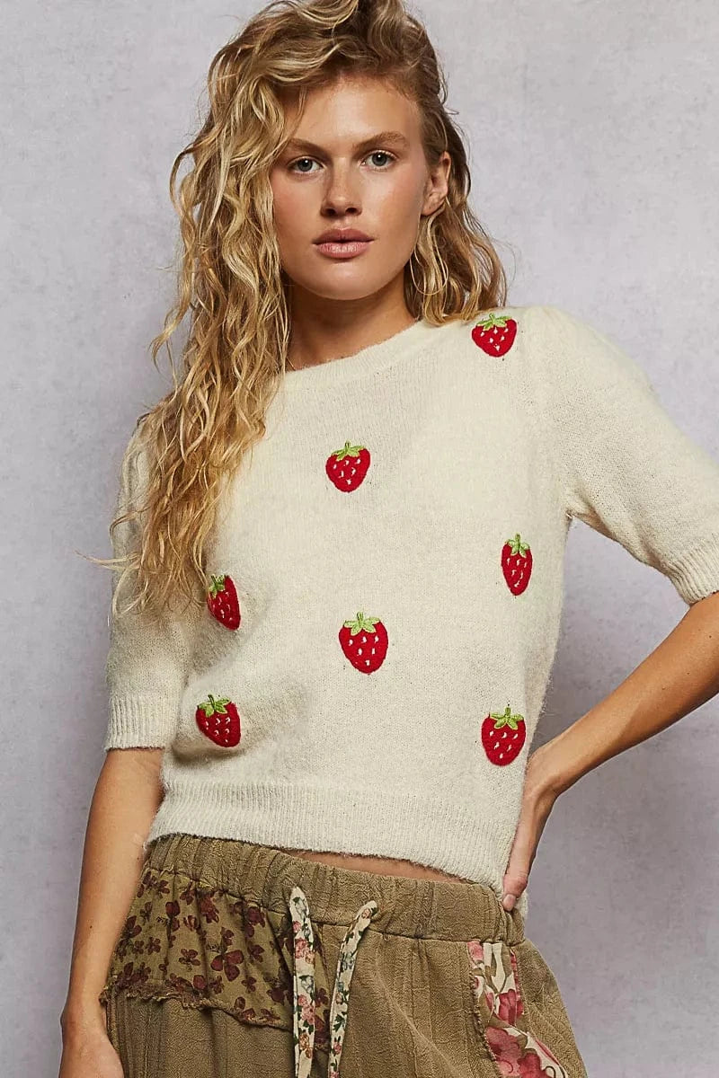 POL Knit Tops Cream / S POL Round Neck Strawberry Patch Sweater with Shirring Shoulder