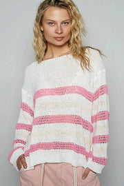 POL Knit Tops IVORY/PINK / S POL Striped Openwork Round Neck Knit Top