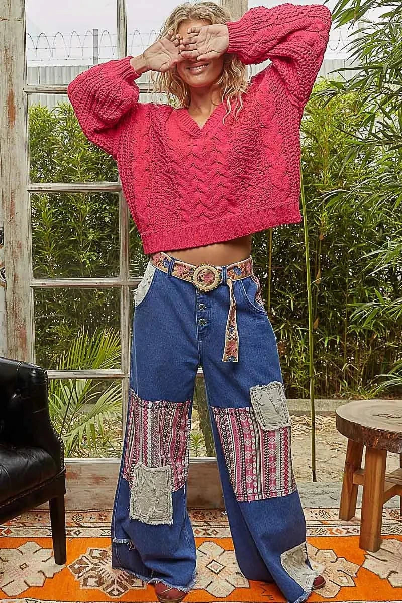 POL Knit Tops POL Cable-Knit Solid V-Neck Cropped Sweater