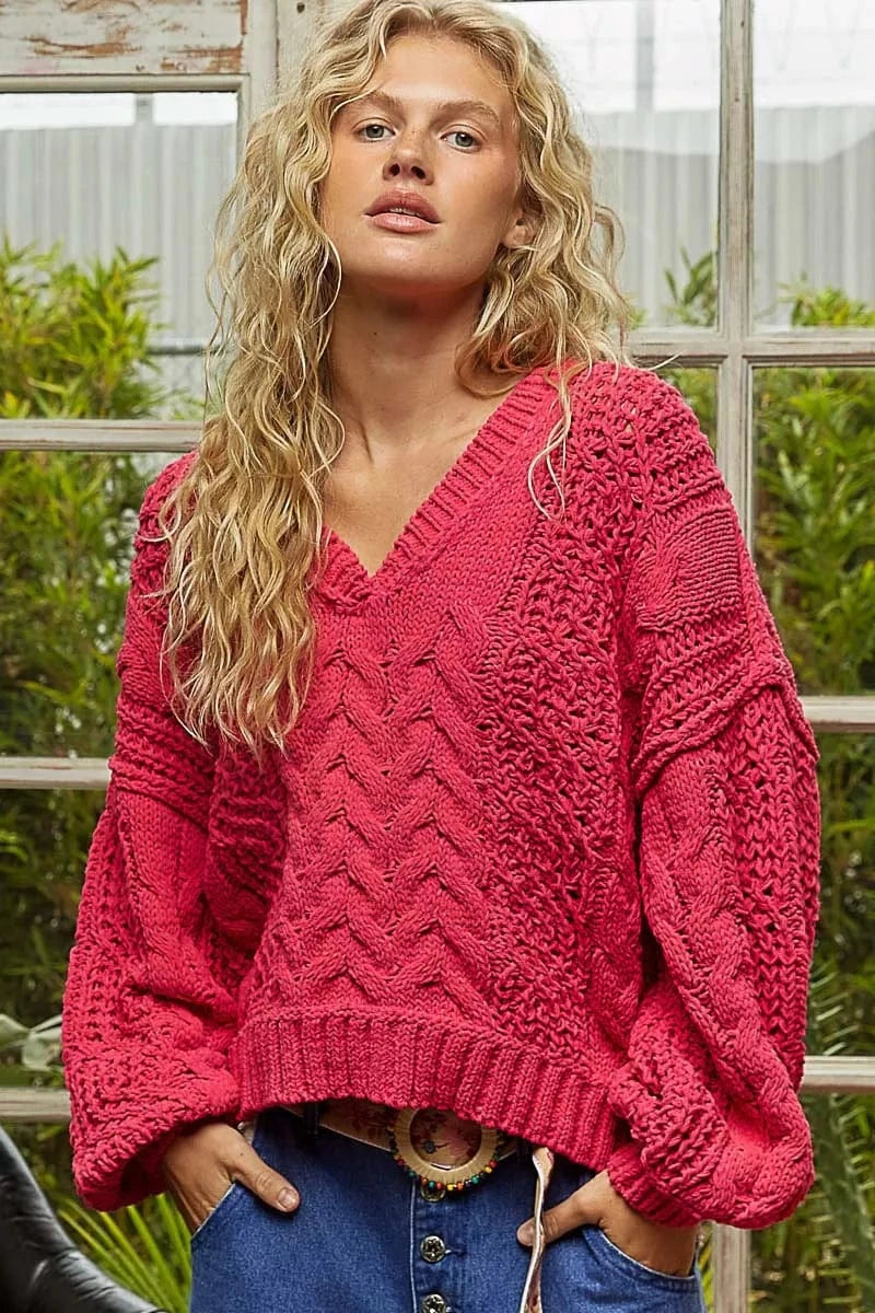 POL Knit Tops POL Cable-Knit Solid V-Neck Cropped Sweater