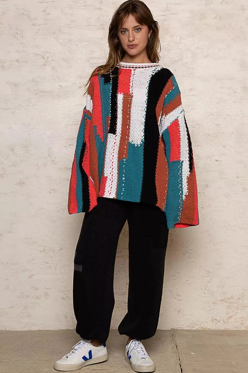 POL Knit Tops POL Color Block Round Neck Oversized Sweater