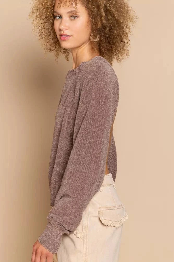 POL Knit Tops POL Round Neck Backless Sweater with Ribbed Edge