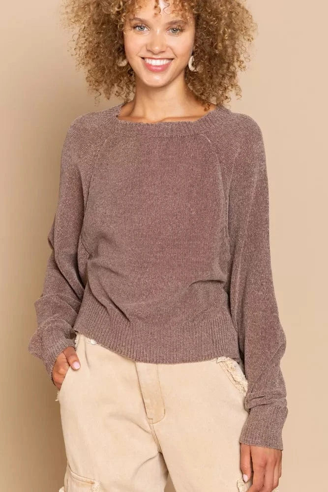 POL Knit Tops POL Round Neck Backless Sweater with Ribbed Edge