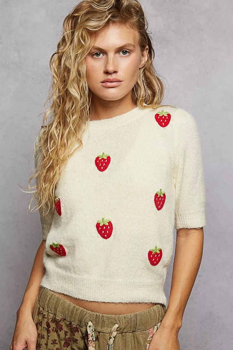 POL Knit Tops POL Round Neck Strawberry Patch Sweater with Shirring Shoulder