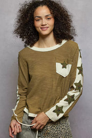 POL OLIVE / S POL Round Neck Long Sleever T-Shirt with Star Patch