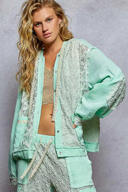 POL PALE MINT / S POL Exposed Seam Button Down Hooded Jacket with Lace Detail