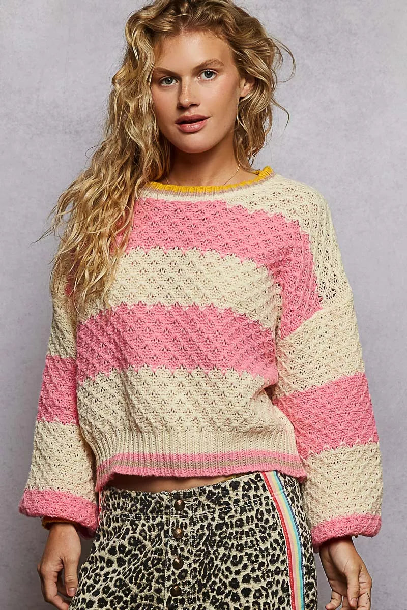 POL PINK STRIPE / S POL Contrast Striped Round Neck Sweater with Textured Cable Knit Pattern