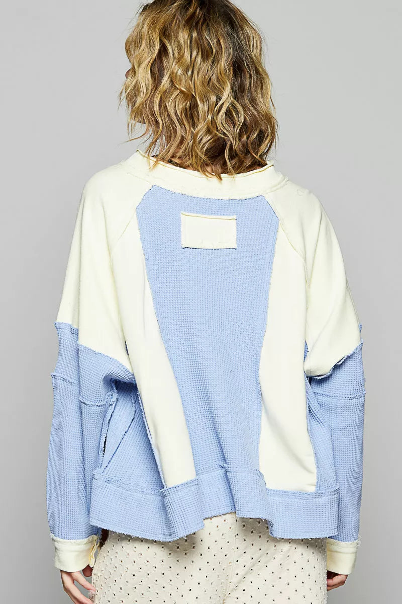POL POL Color Block Waffle Knit Raw Hem Sweatshirt