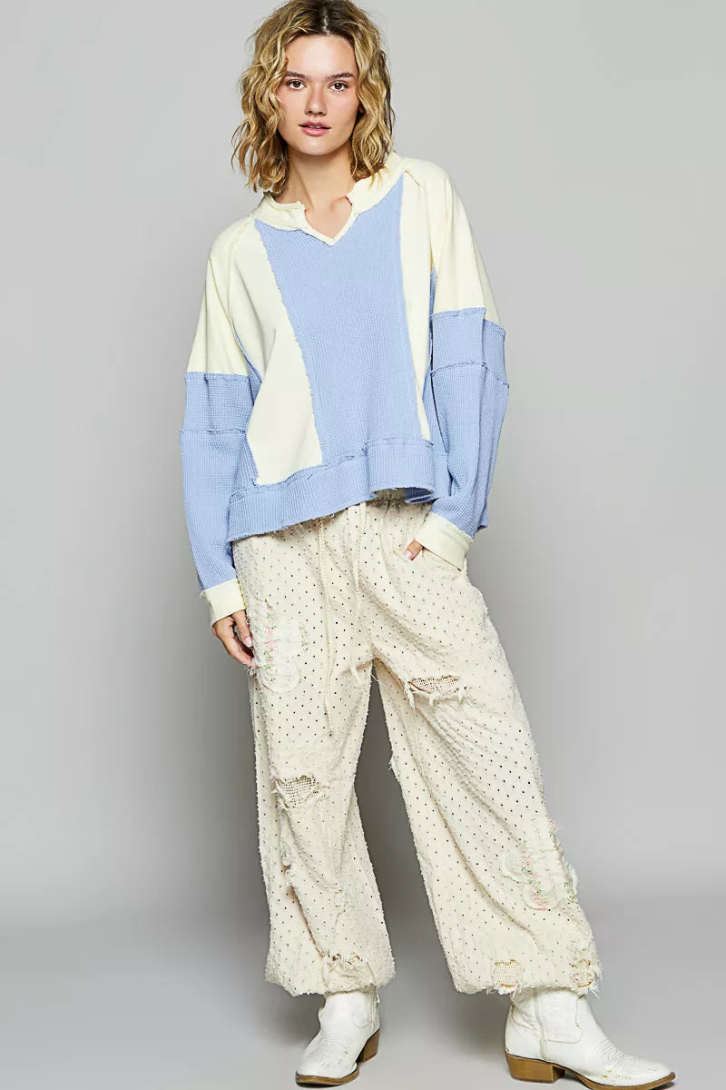 POL POL Color Block Waffle Knit Raw Hem Sweatshirt