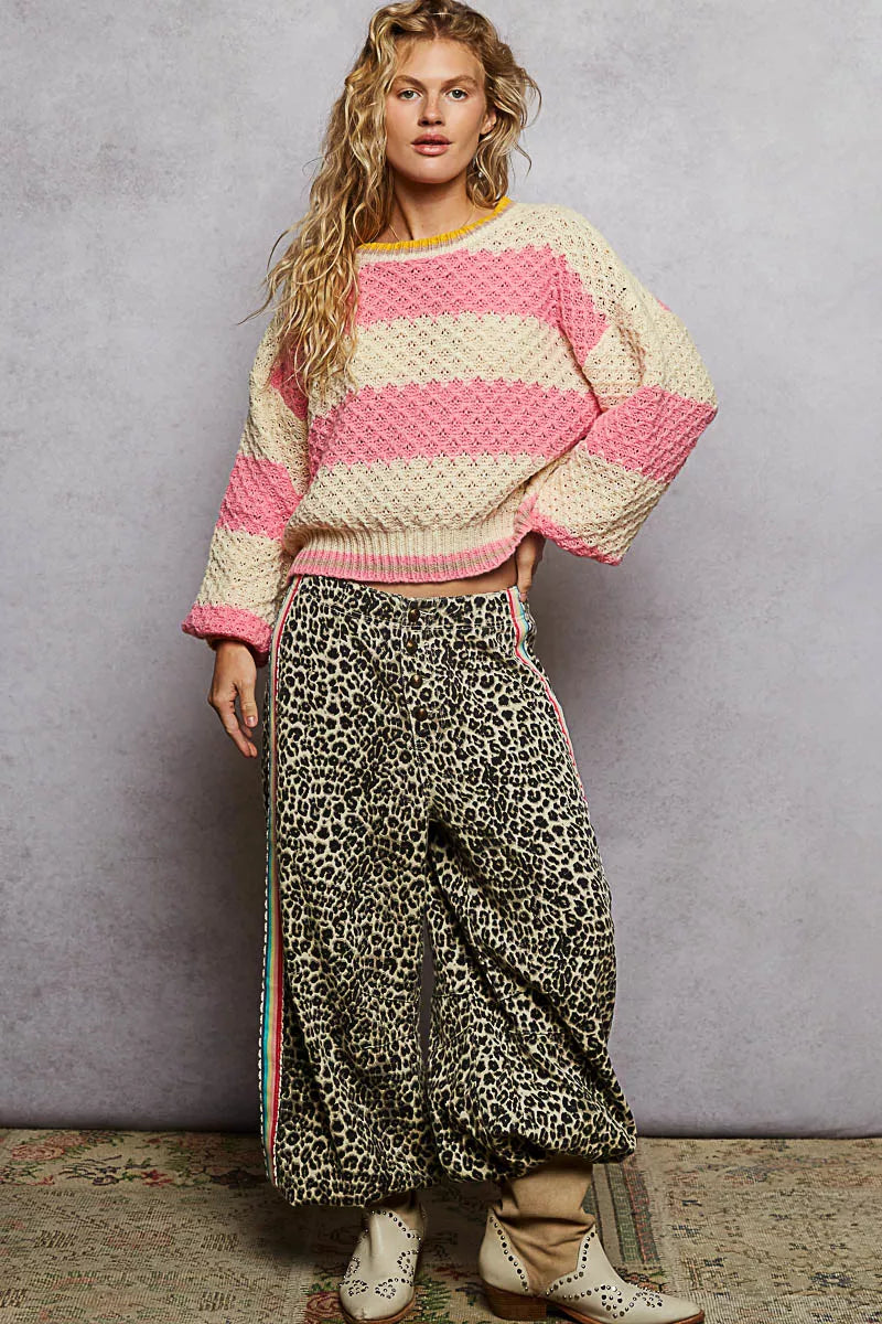 POL POL Contrast Striped Round Neck Sweater with Textured Cable Knit Pattern