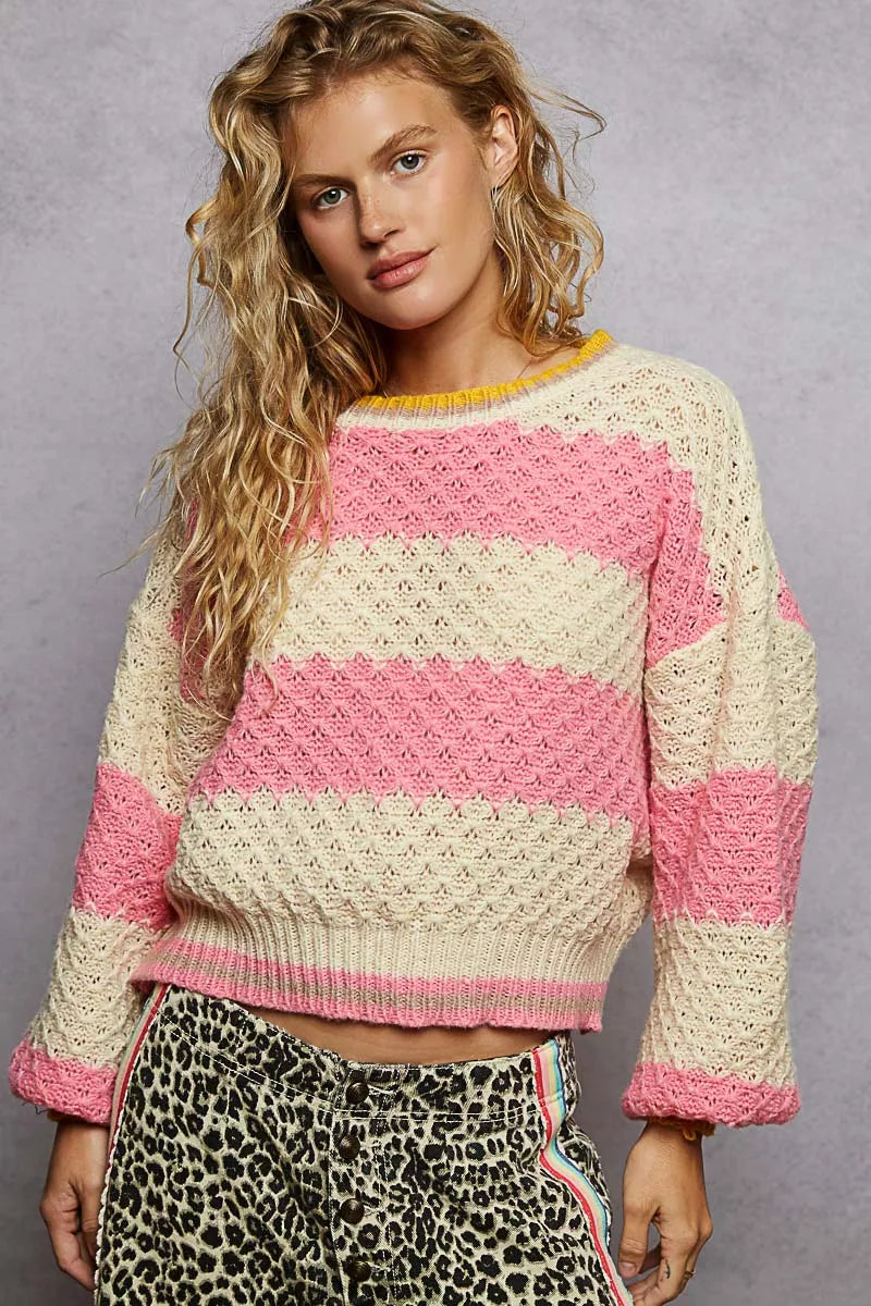POL POL Contrast Striped Round Neck Sweater with Textured Cable Knit Pattern