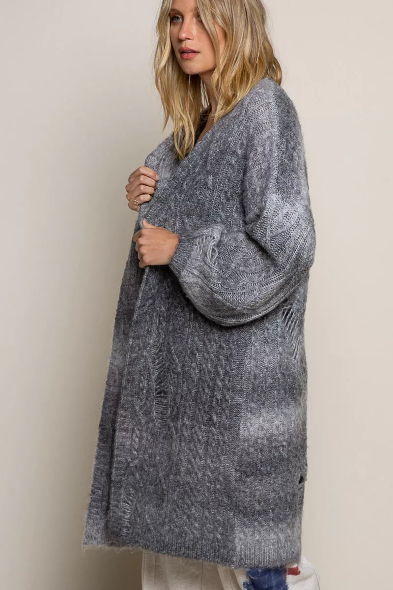 POL POL Distressed Cable-Knit Ombre Dying Cardigan