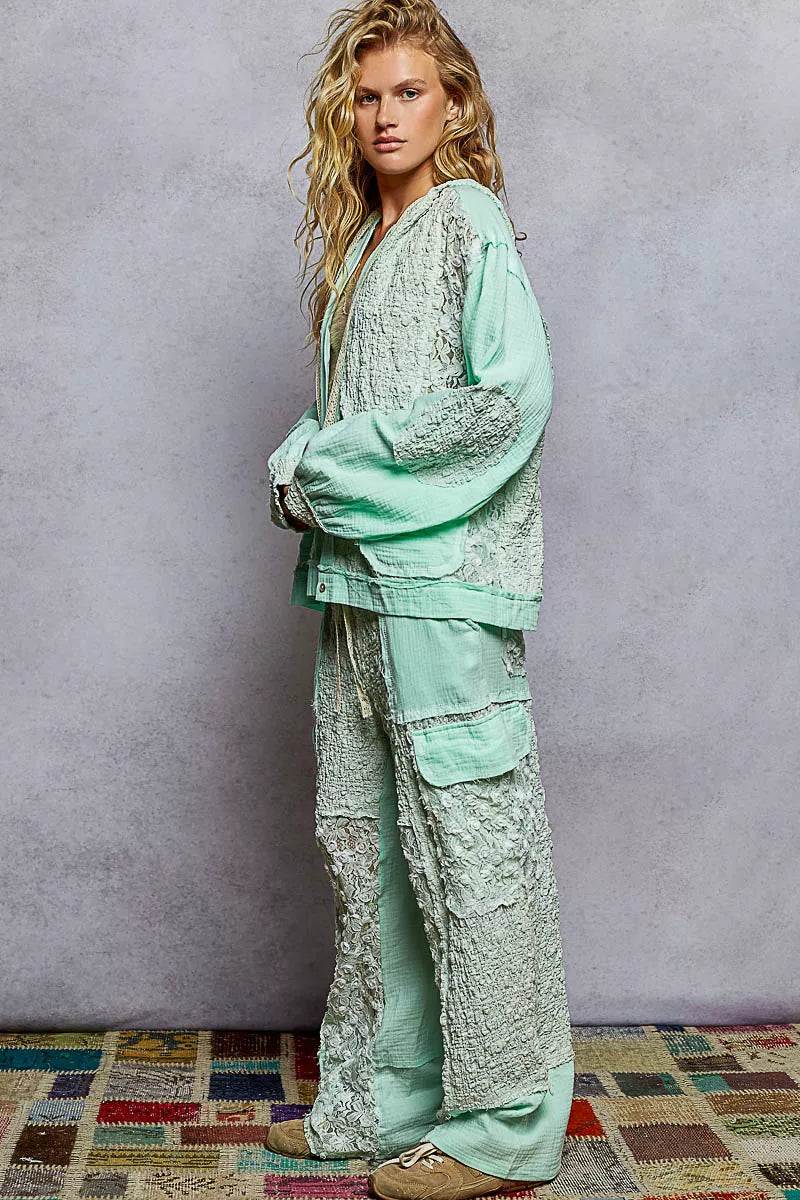 POL POL Exposed Seam Button Down Hooded Jacket with Lace Detail