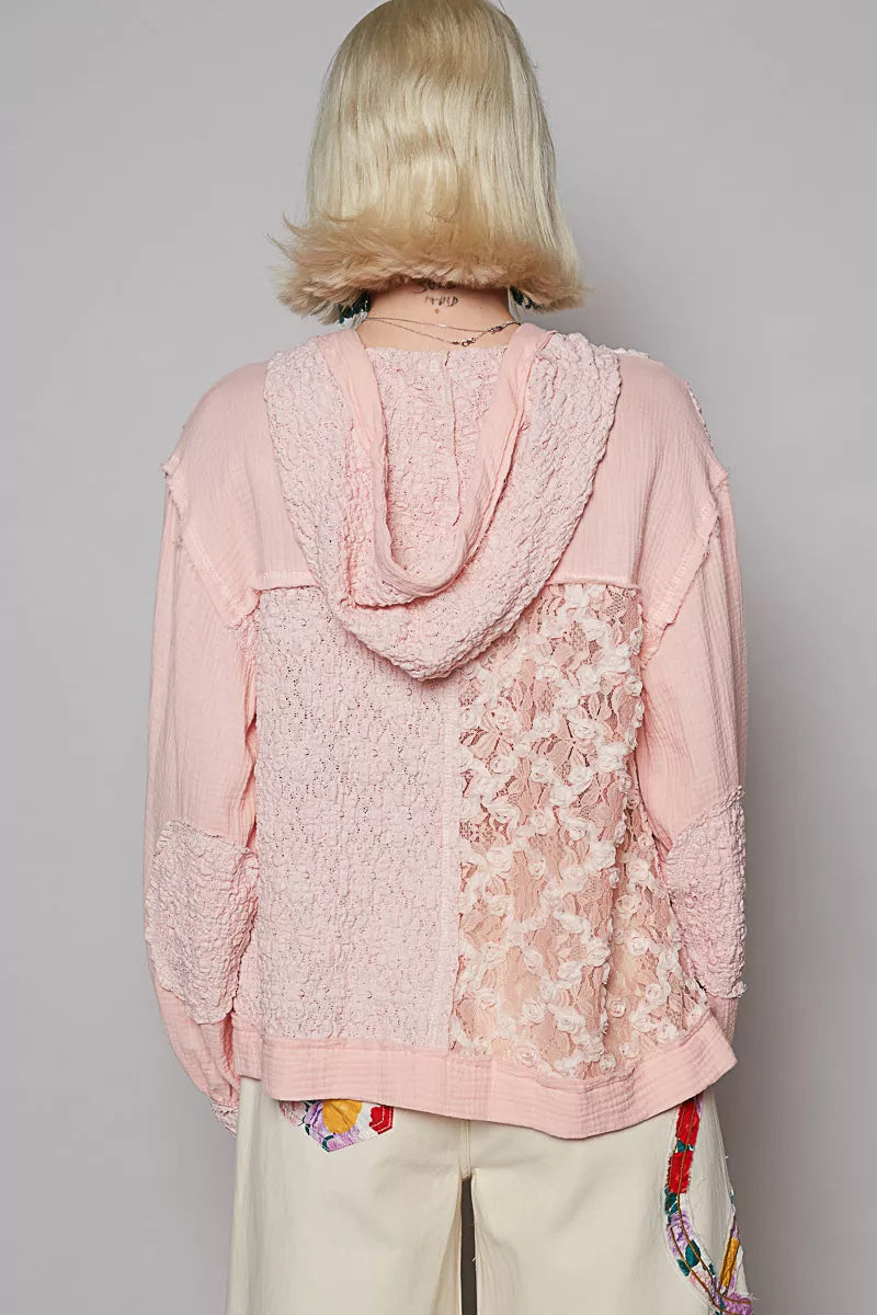 POL POL Exposed Seam Button Down Hooded Jacket with Lace Detail