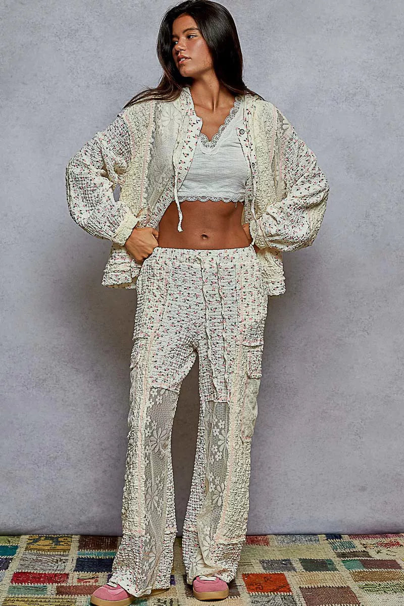 POL POL Floral Balloon Sleeve Hooded Lace Jacket with Stitch Detail