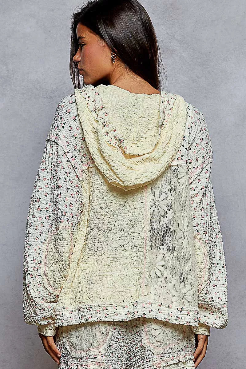 POL POL Floral Balloon Sleeve Hooded Lace Jacket with Stitch Detail