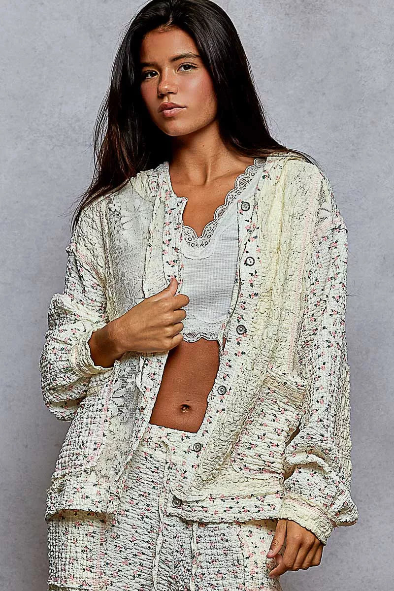 POL POL Floral Balloon Sleeve Hooded Lace Jacket with Stitch Detail
