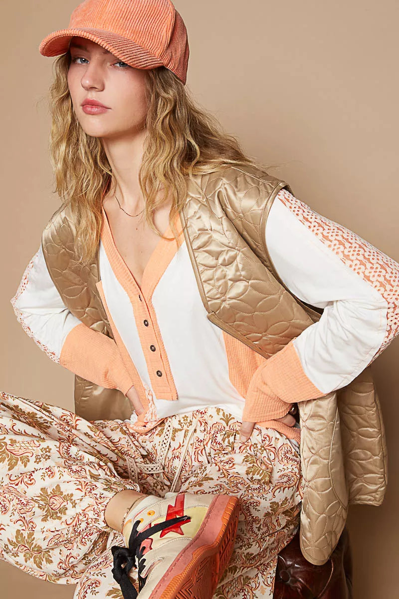 POL POL Front Zipper Floral Pattern Quilted Vest Coat with Front Pockets