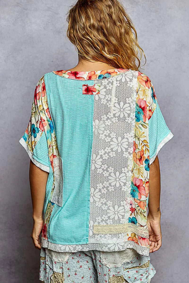POL POL Lace Round Neck Short Sleeve Floral Pattern Top with Patch Detail