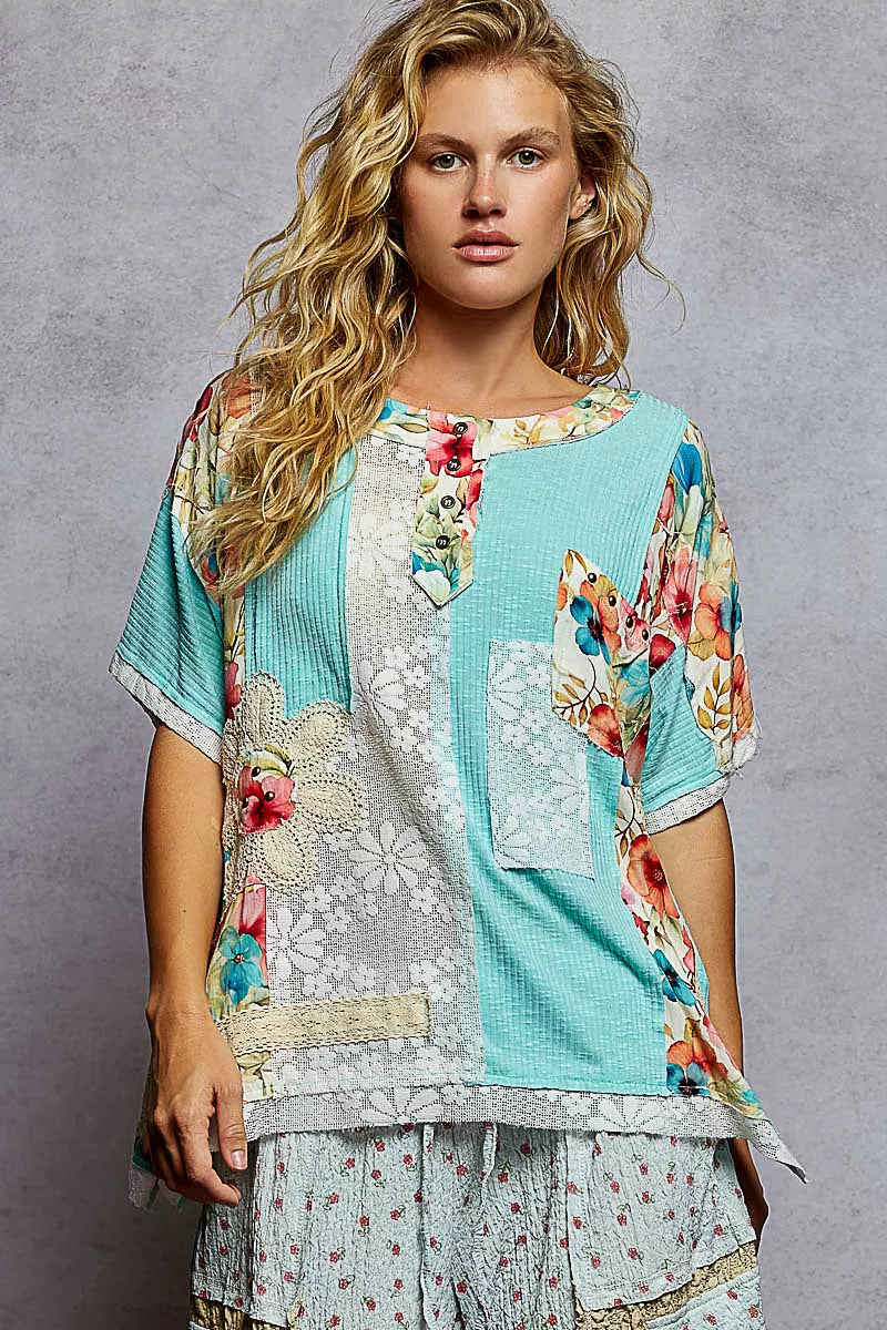 POL POL Lace Round Neck Short Sleeve Floral Pattern Top with Patch Detail